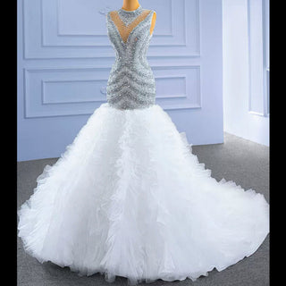Beaded Mermaid Ruffle Wedding Dress High Neck Trumpet Bridal Gown - Rosymae