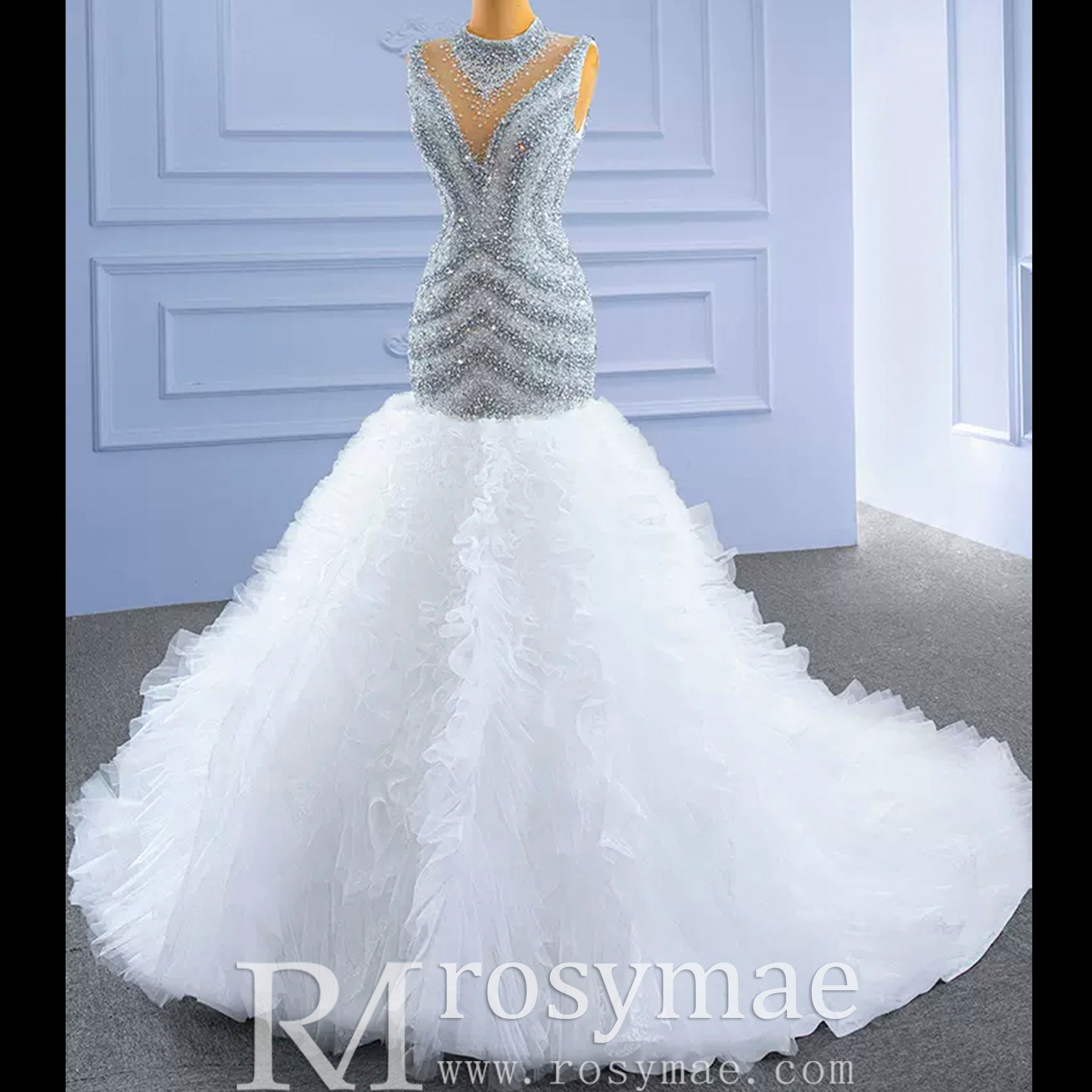 Beaded Mermaid Ruffle Wedding Dress High Neck Trumpet Bridal Gown - Rosymae