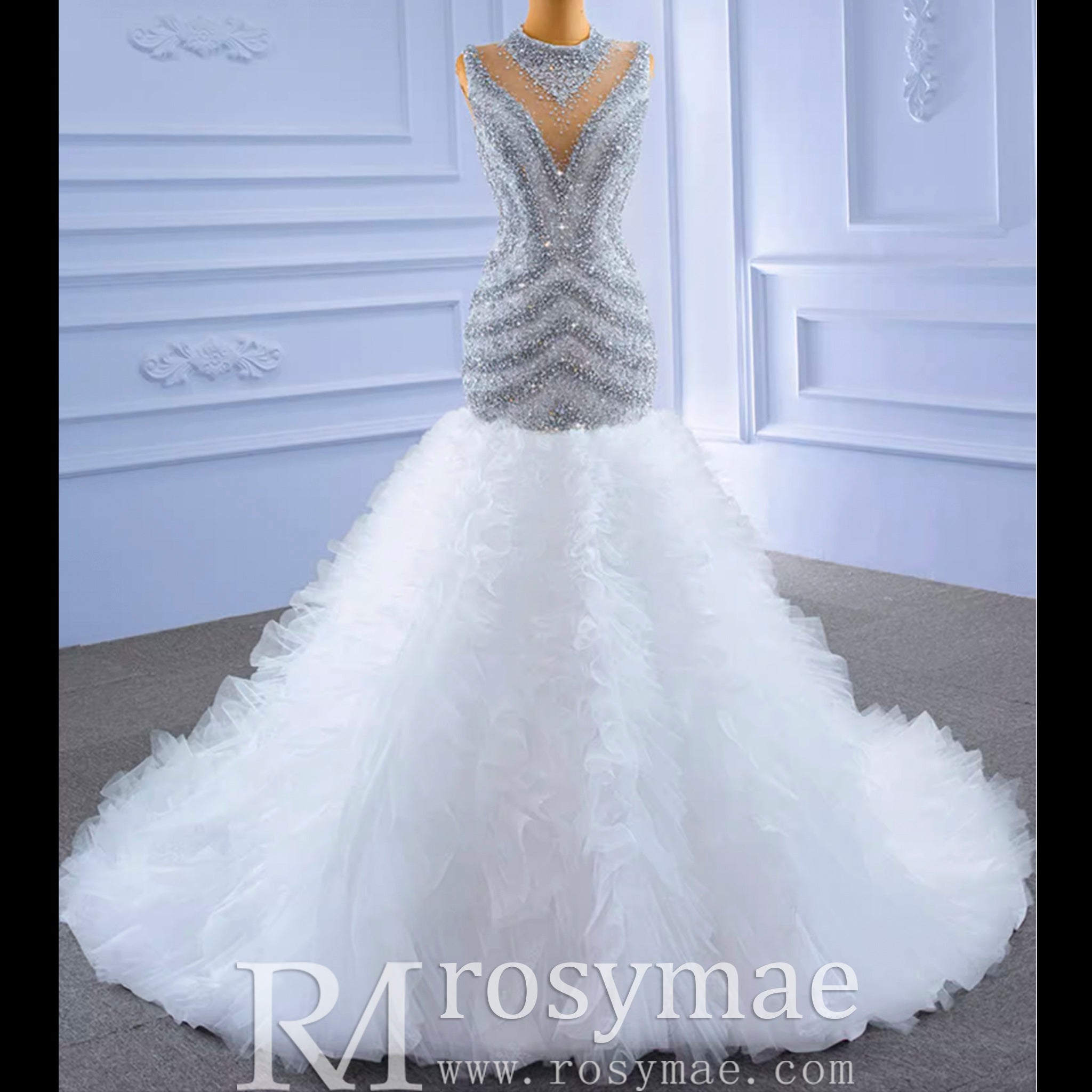 Beaded Mermaid Ruffle Wedding Dress High Neck Trumpet Bridal Gown - Rosymae