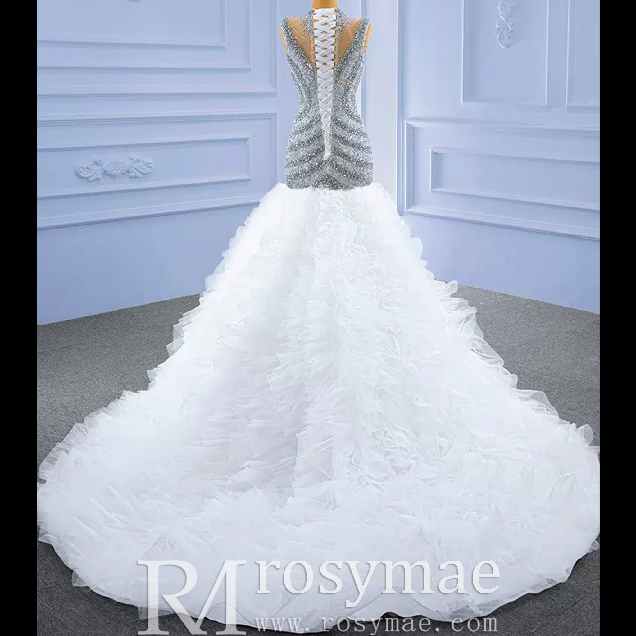 Beaded Mermaid Ruffle Wedding Dress High Neck Trumpet Bridal Gown - Rosymae