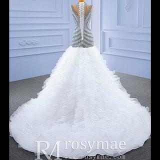 Beaded Mermaid Ruffle Wedding Dress High Neck Trumpet Bridal Gown - Rosymae
