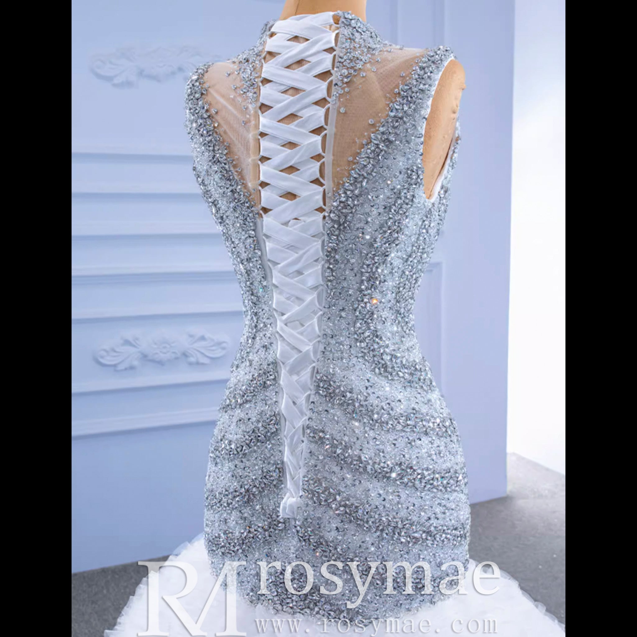 Beaded Mermaid Ruffle Wedding Dress High Neck Trumpet Bridal Gown - Rosymae