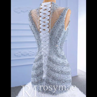 Beaded Mermaid Ruffle Wedding Dress High Neck Trumpet Bridal Gown - Rosymae