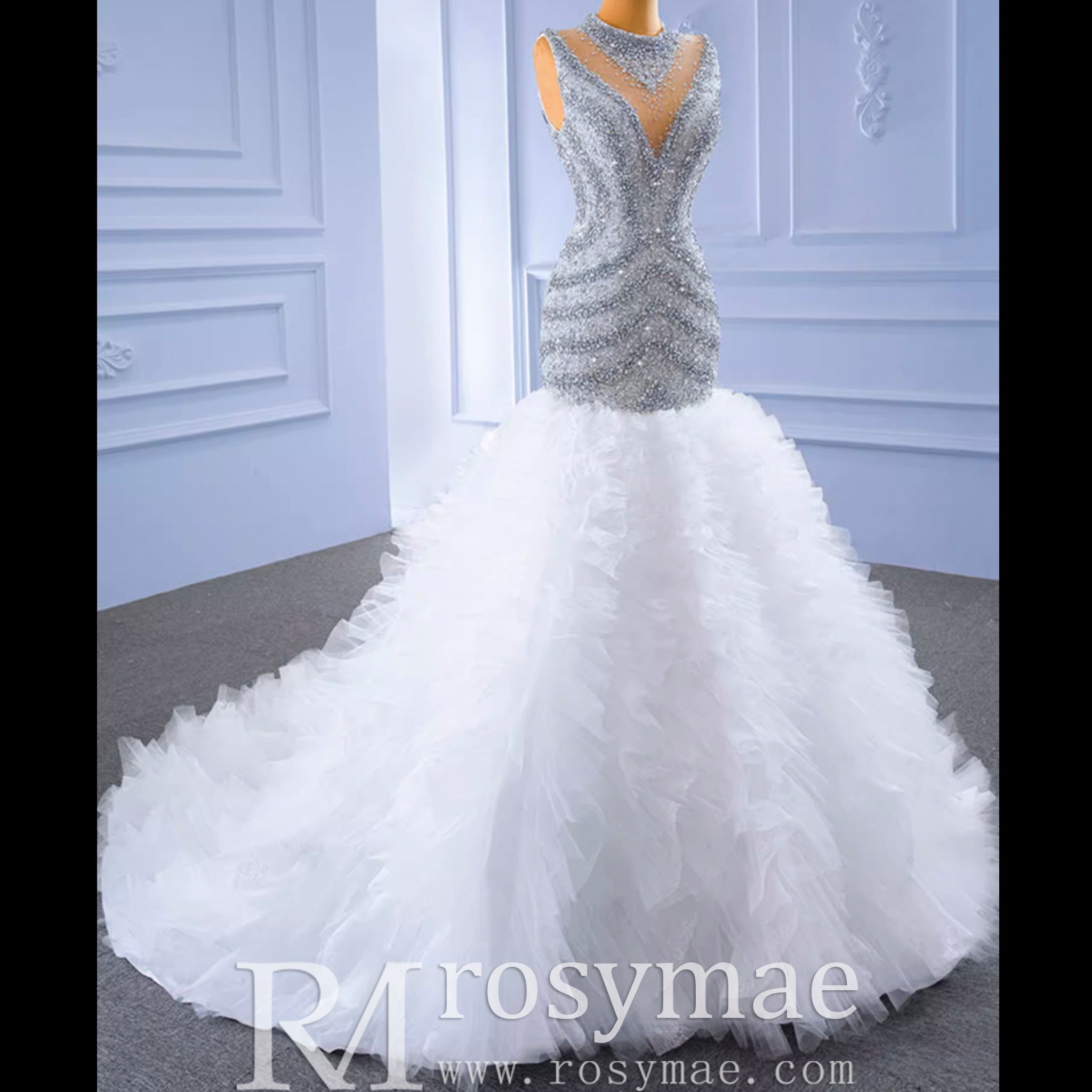 Beaded Mermaid Ruffle Wedding Dress High Neck Trumpet Bridal Gown - Rosymae