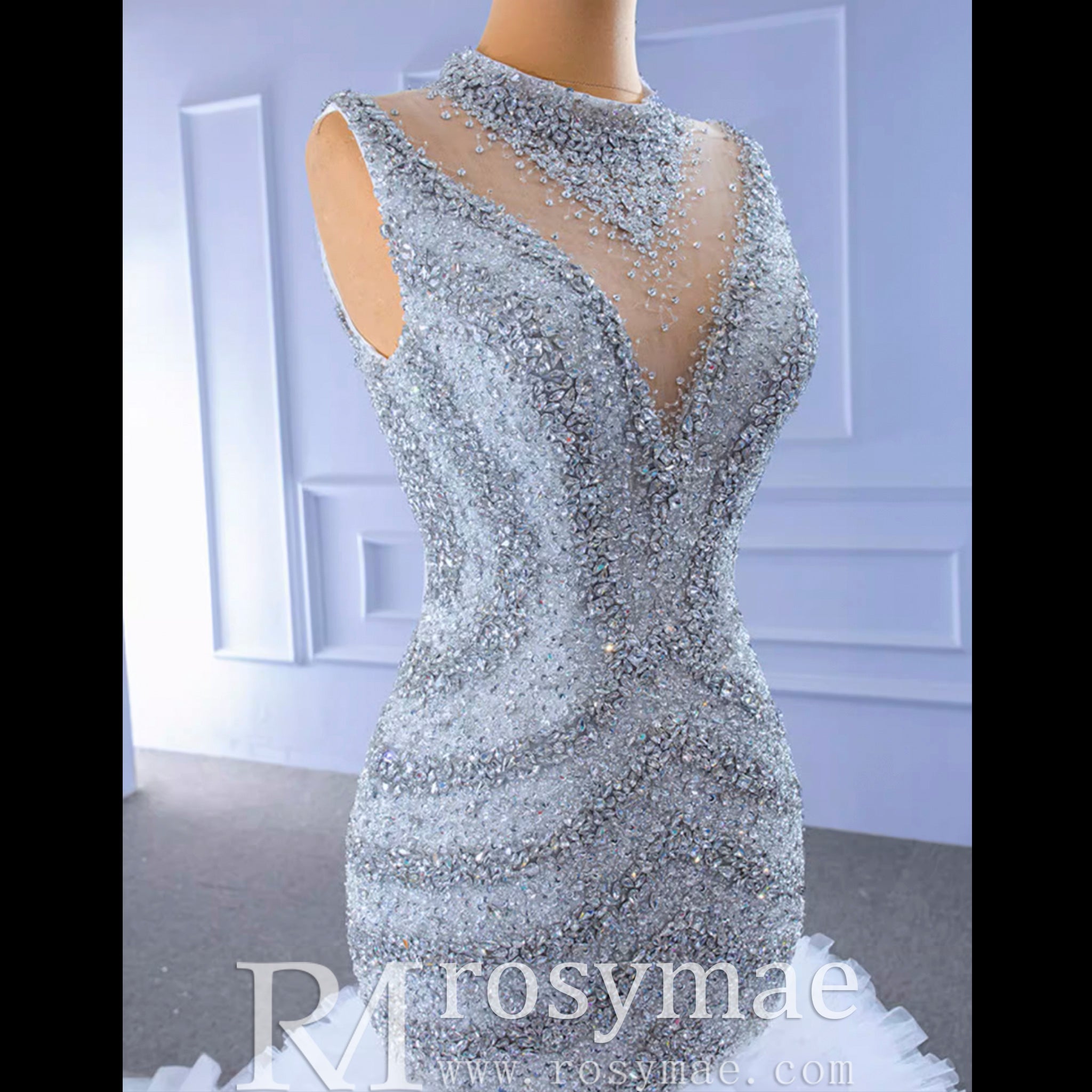 Beaded Mermaid Ruffle Wedding Dress High Neck Trumpet Bridal Gown - Rosymae