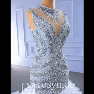 Beaded Mermaid Ruffle Wedding Dress High Neck Trumpet Bridal Gown - Rosymae