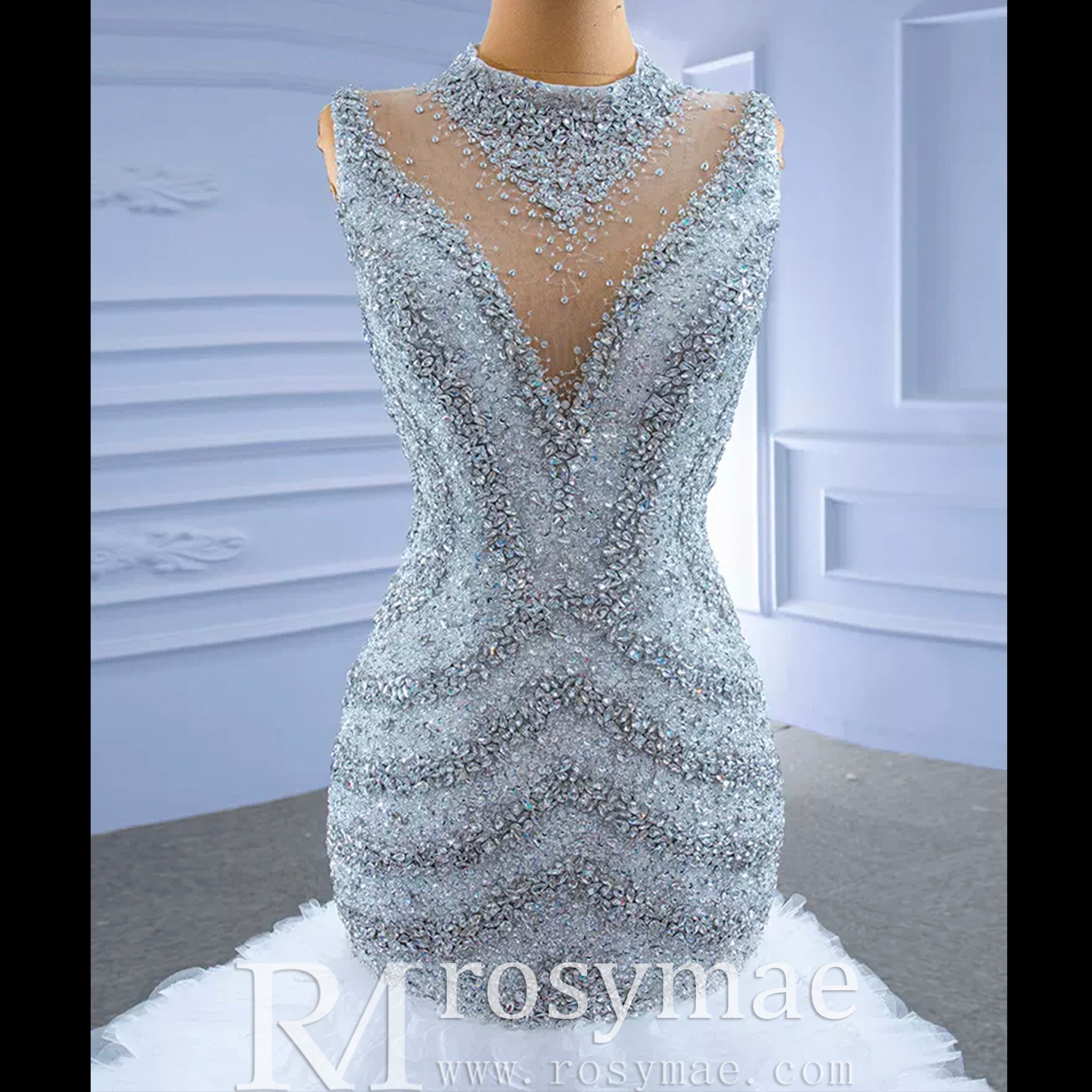 Beaded Mermaid Ruffle Wedding Dress High Neck Trumpet Bridal Gown - Rosymae