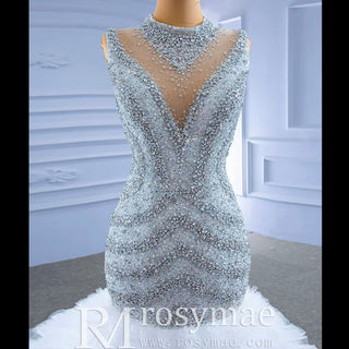 Beaded Mermaid Ruffle Wedding Dress High Neck Trumpet Bridal Gown - Rosymae