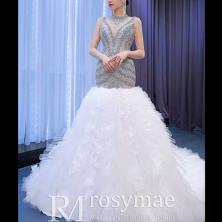 Beaded Mermaid Ruffle Wedding Dress High Neck Trumpet Bridal Gown - Rosymae