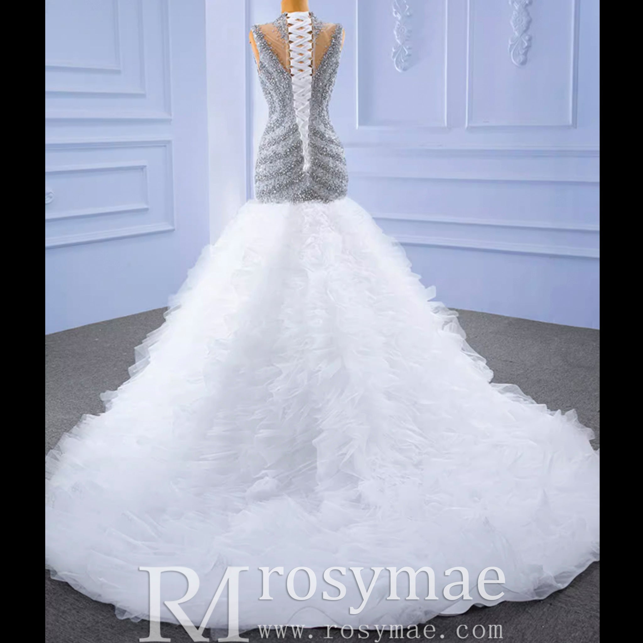 Beaded Mermaid Ruffle Wedding Dress High Neck Trumpet Bridal Gown - Rosymae