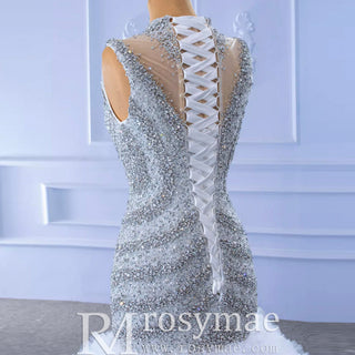 Beaded Mermaid Ruffle Wedding Dress High Neck Trumpet Bridal Gown - Rosymae