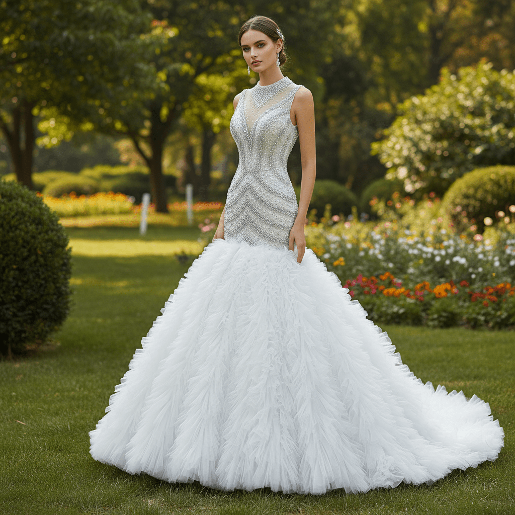 Beaded Mermaid Ruffle Wedding Dress High Neck Trumpet Bridal Gown - Rosymae