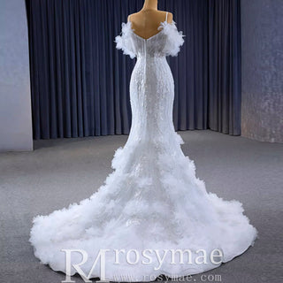 Beaded Mermaid Ruffle Wedding Dresses Spaghetti Strap Wedding Gown - Rosymae