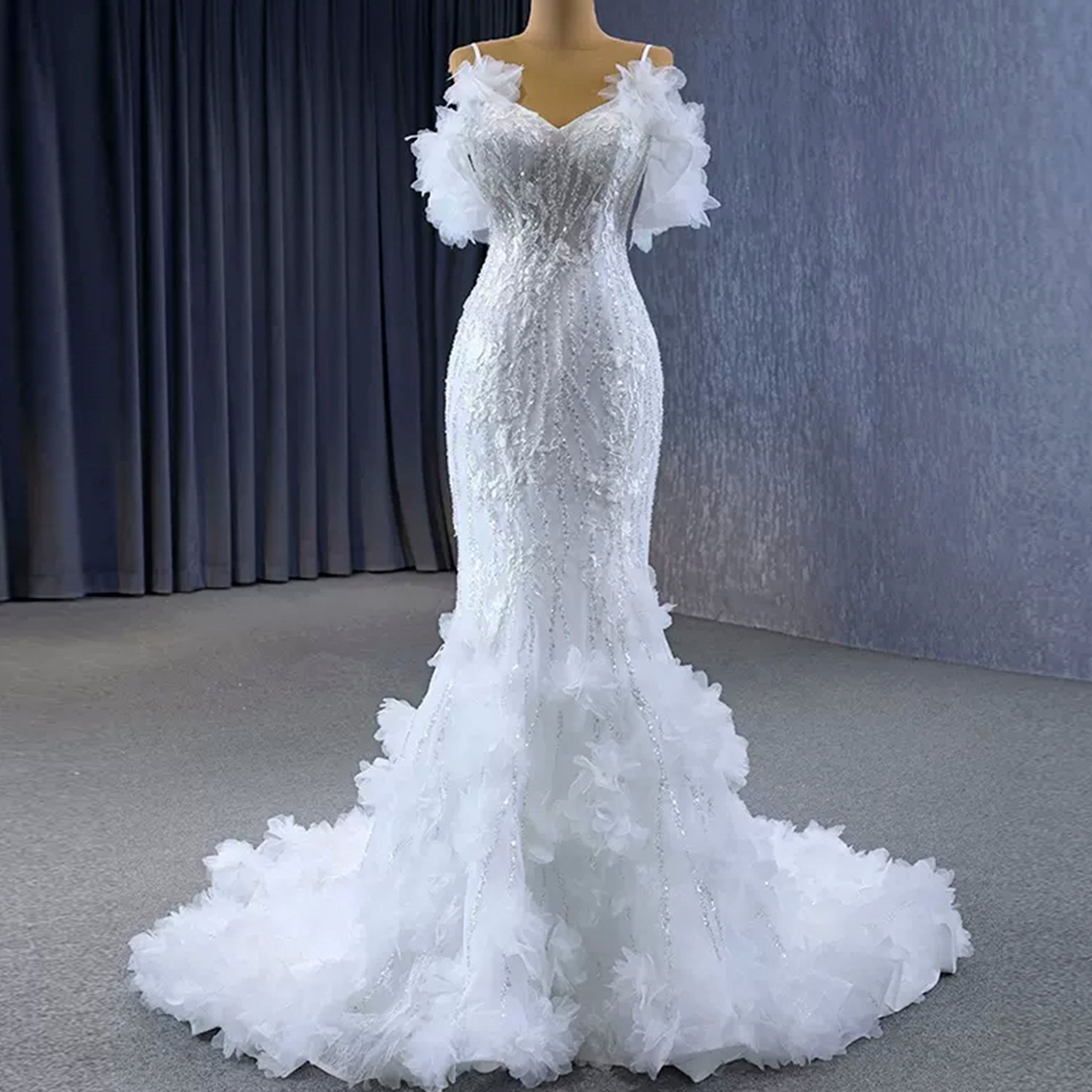 Beaded Mermaid Ruffle Wedding Dresses Spaghetti Strap Wedding Gown - Rosymae