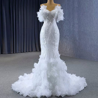 Beaded Mermaid Ruffle Wedding Dresses Spaghetti Strap Wedding Gown - Rosymae