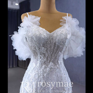 Beaded Mermaid Ruffle Wedding Dresses Spaghetti Strap Wedding Gown - Rosymae