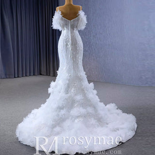 Beaded Mermaid Ruffle Wedding Dresses Spaghetti Strap Wedding Gown - Rosymae