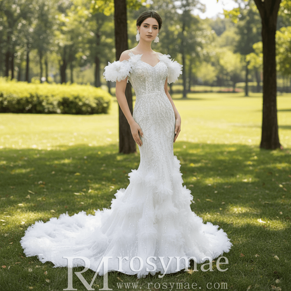 Beaded Mermaid Ruffle Wedding Dresses Spaghetti Strap Wedding Gown - Rosymae