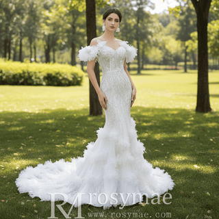Beaded Mermaid Ruffle Wedding Dresses Spaghetti Strap Wedding Gown - Rosymae