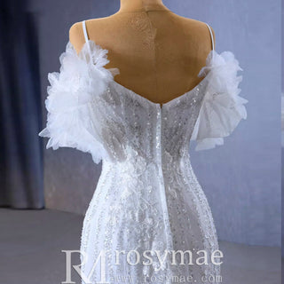 Beaded Mermaid Ruffle Wedding Dresses Spaghetti Strap Wedding Gown - Rosymae