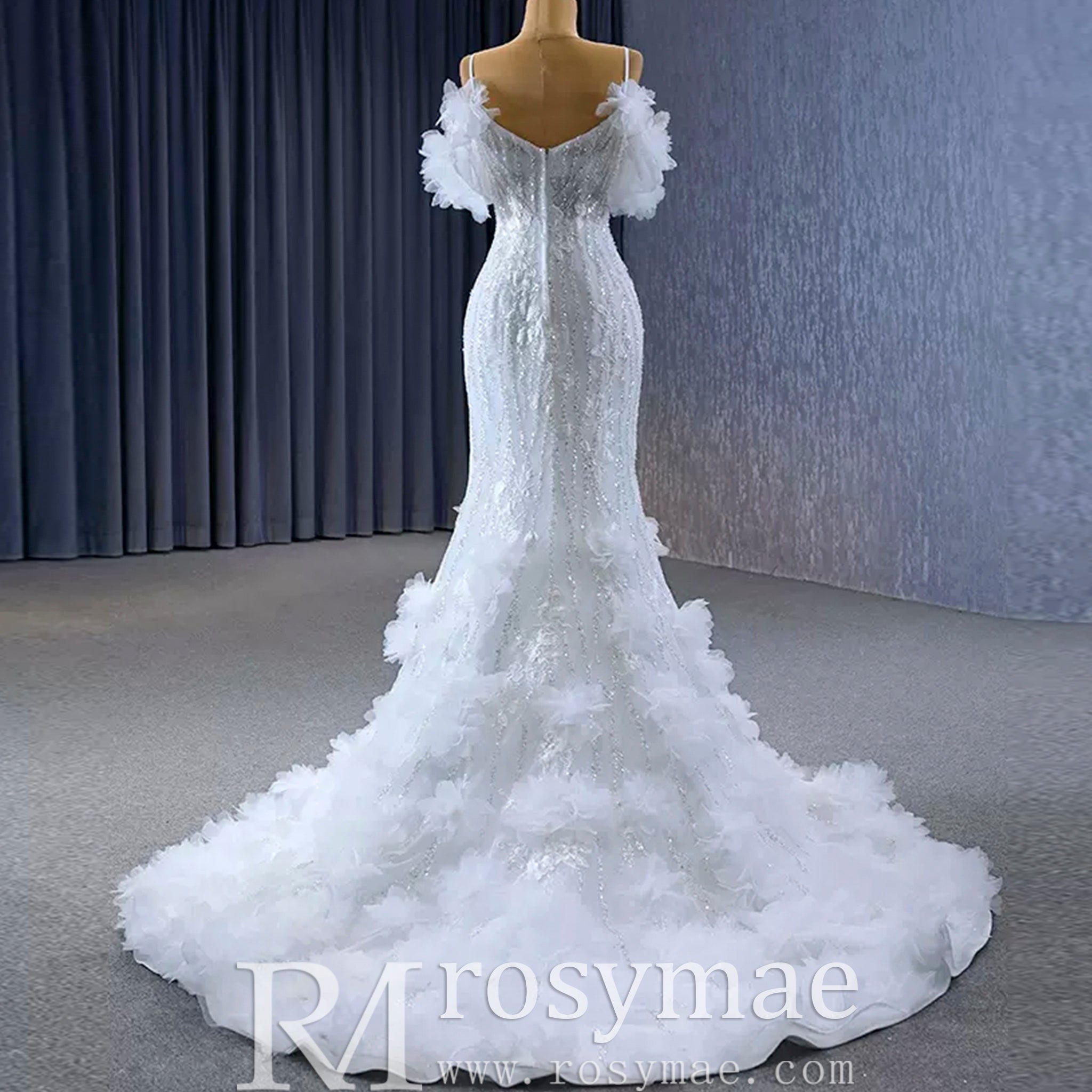 Beaded Mermaid Ruffle Wedding Dresses Spaghetti Strap Wedding Gown - Rosymae