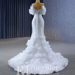 Beaded Mermaid Ruffle Wedding Dresses Spaghetti Strap Wedding Gown - Rosymae