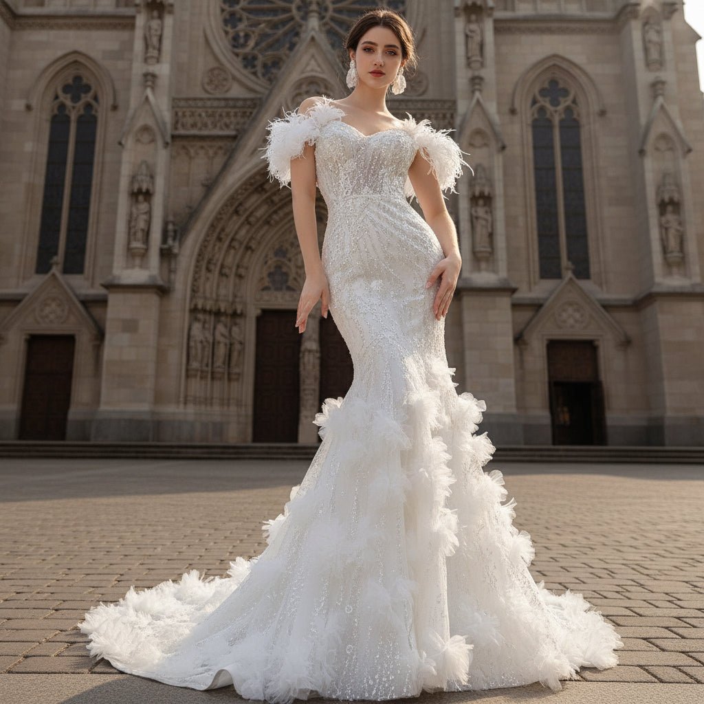 Beaded Mermaid Ruffle Wedding Dresses Spaghetti Strap Wedding Gown - Rosymae