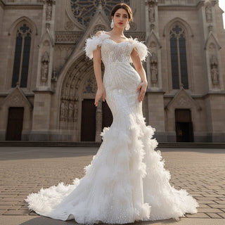 Beaded Mermaid Ruffle Wedding Dresses Spaghetti Strap Wedding Gown - Rosymae