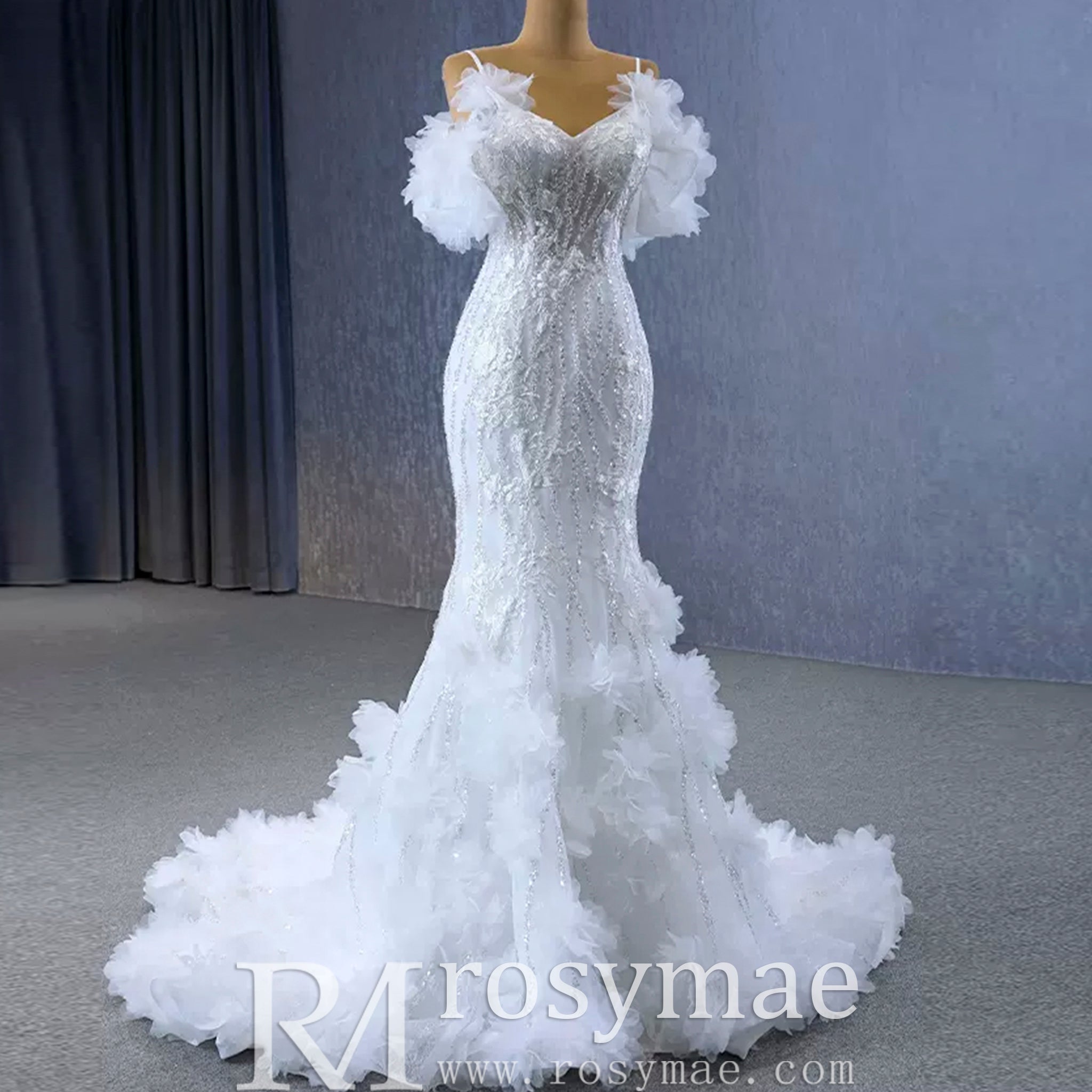 Beaded Mermaid Ruffle Wedding Dresses Spaghetti Strap Wedding Gown - Rosymae