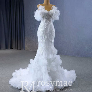 Beaded Mermaid Ruffle Wedding Dresses Spaghetti Strap Wedding Gown - Rosymae