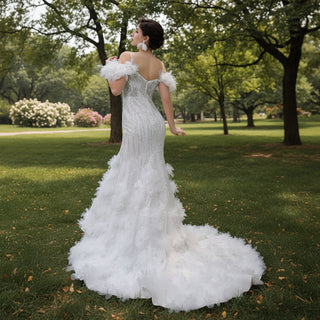 Beaded Mermaid Ruffle Wedding Dresses Spaghetti Strap Wedding Gown - Rosymae