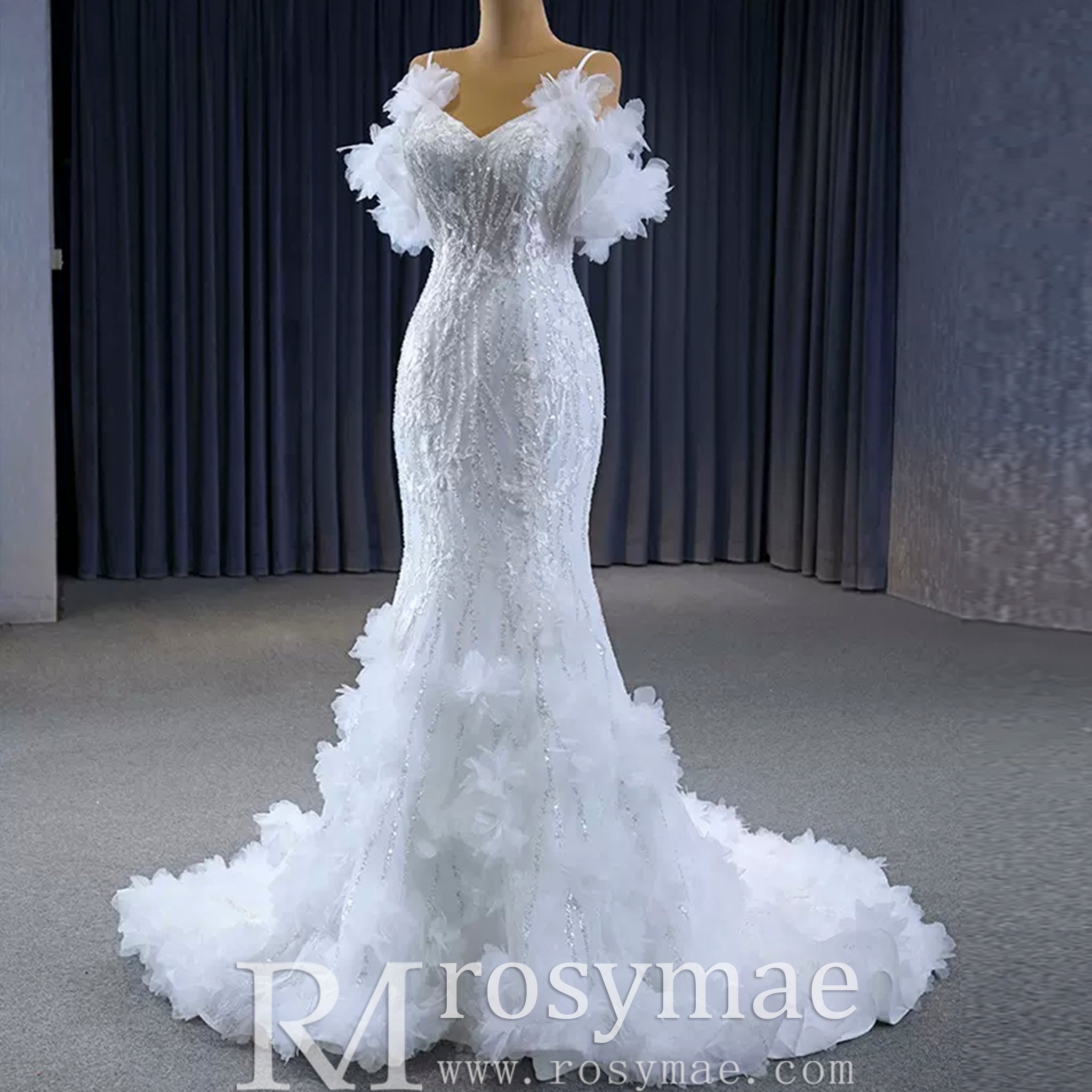Beaded Mermaid Ruffle Wedding Dresses Spaghetti Strap Wedding Gown - Rosymae
