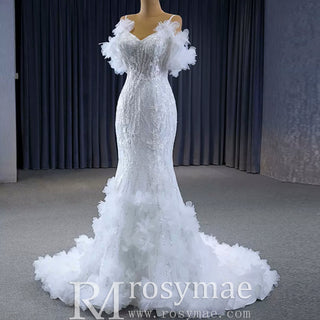 Beaded Mermaid Ruffle Wedding Dresses Spaghetti Strap Wedding Gown - Rosymae