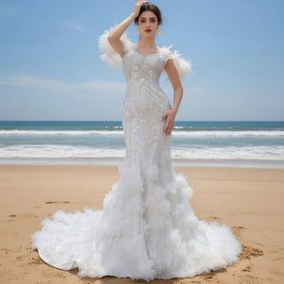 Beaded Mermaid Ruffle Wedding Dresses Spaghetti Strap Wedding Gown - Rosymae