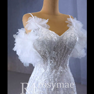 Beaded Mermaid Ruffle Wedding Dresses Spaghetti Strap Wedding Gown - Rosymae