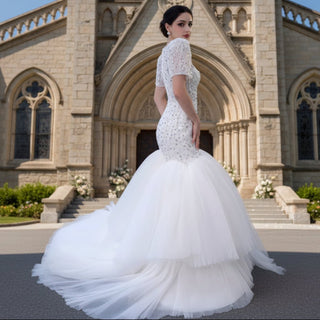 Beaded Mermaid Wedding Dress Puffed Short Sleeve Bridal Dress - Rosymae