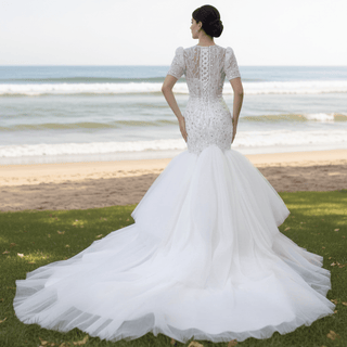 Beaded Mermaid Wedding Dress Puffed Short Sleeve Bridal Dress - Rosymae