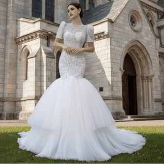 Beaded Mermaid Wedding Dress Puffed Short Sleeve Bridal Dress - Rosymae