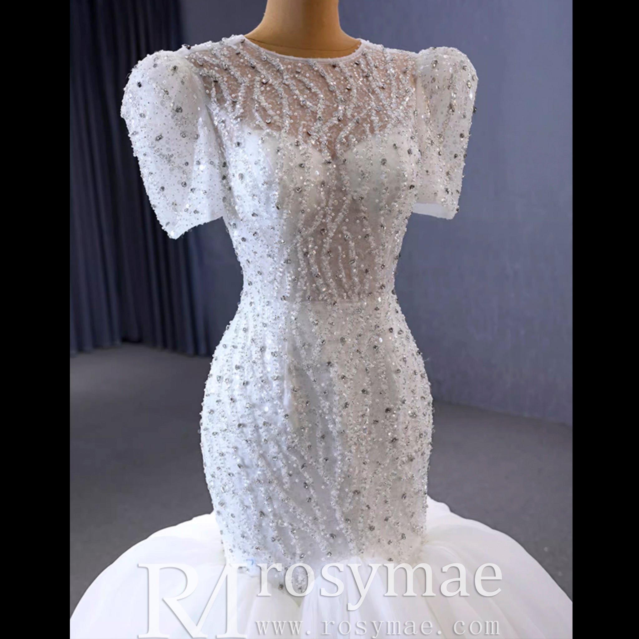 Beaded Mermaid Wedding Dress Puffed Short Sleeve Bridal Dress - Rosymae