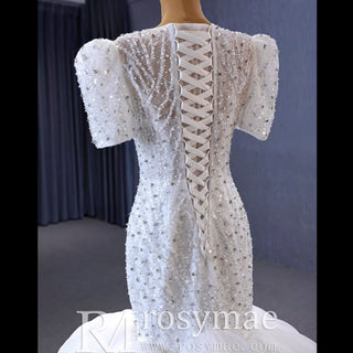 Beaded Mermaid Wedding Dress Puffed Short Sleeve Bridal Dress - Rosymae