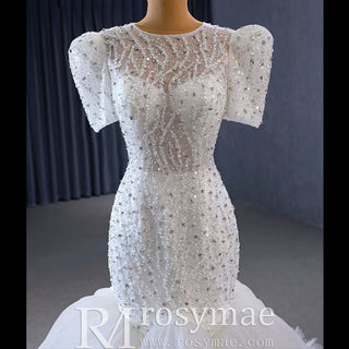 Beaded Mermaid Wedding Dress Puffed Short Sleeve Bridal Dress - Rosymae