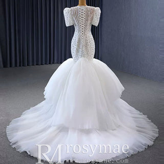 Beaded Mermaid Wedding Dress Puffed Short Sleeve Bridal Dress - Rosymae