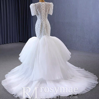 Beaded Mermaid Wedding Dress Puffed Short Sleeve Bridal Dress - Rosymae