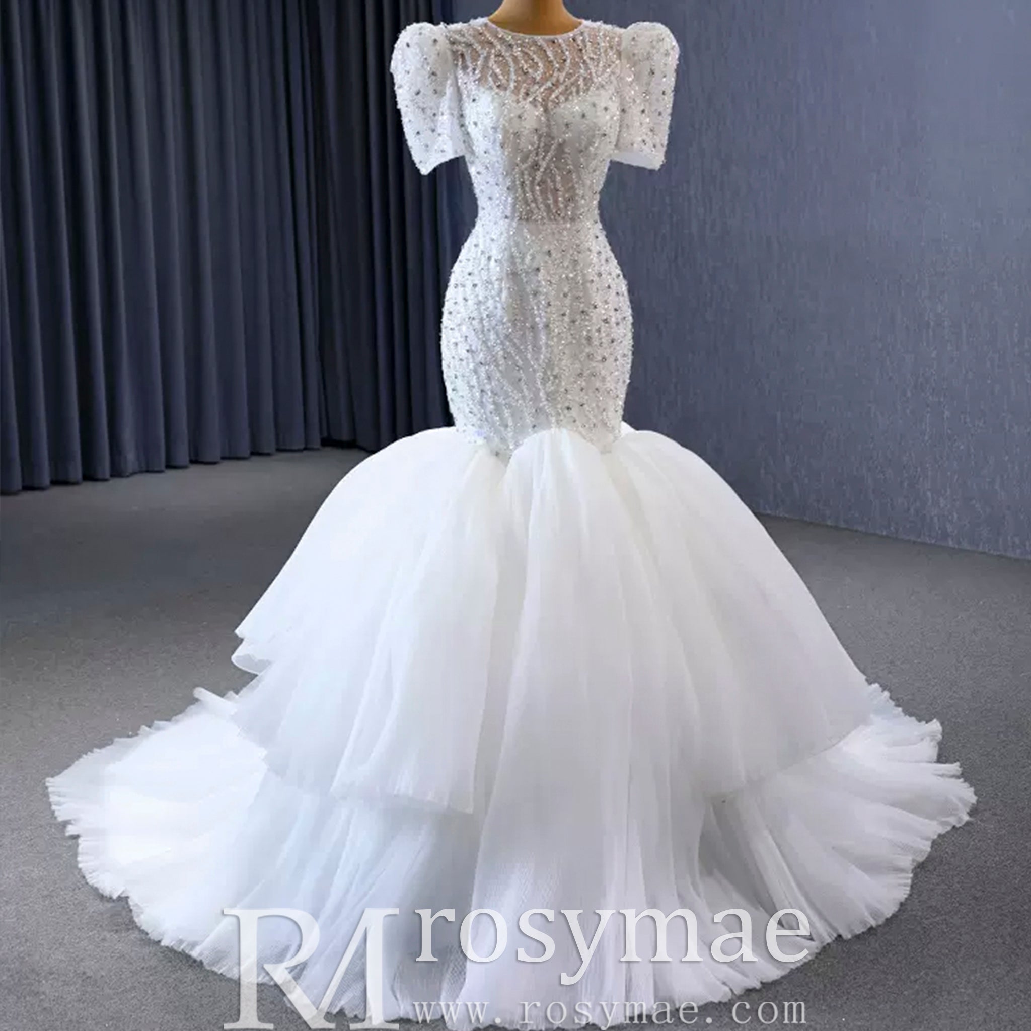Beaded Mermaid Wedding Dress Puffed Short Sleeve Bridal Dress - Rosymae