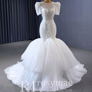 Beaded Mermaid Wedding Dress Puffed Short Sleeve Bridal Dress - Rosymae