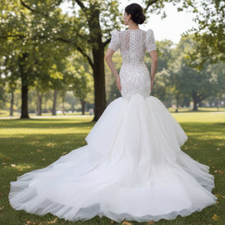 Beaded Mermaid Wedding Dress Puffed Short Sleeve Bridal Dress - Rosymae