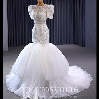 Beaded Mermaid Wedding Dress Puffed Short Sleeve Bridal Dress - Rosymae