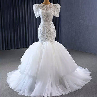 Beaded Mermaid Wedding Dress Puffed Short Sleeve Bridal Dress - Rosymae