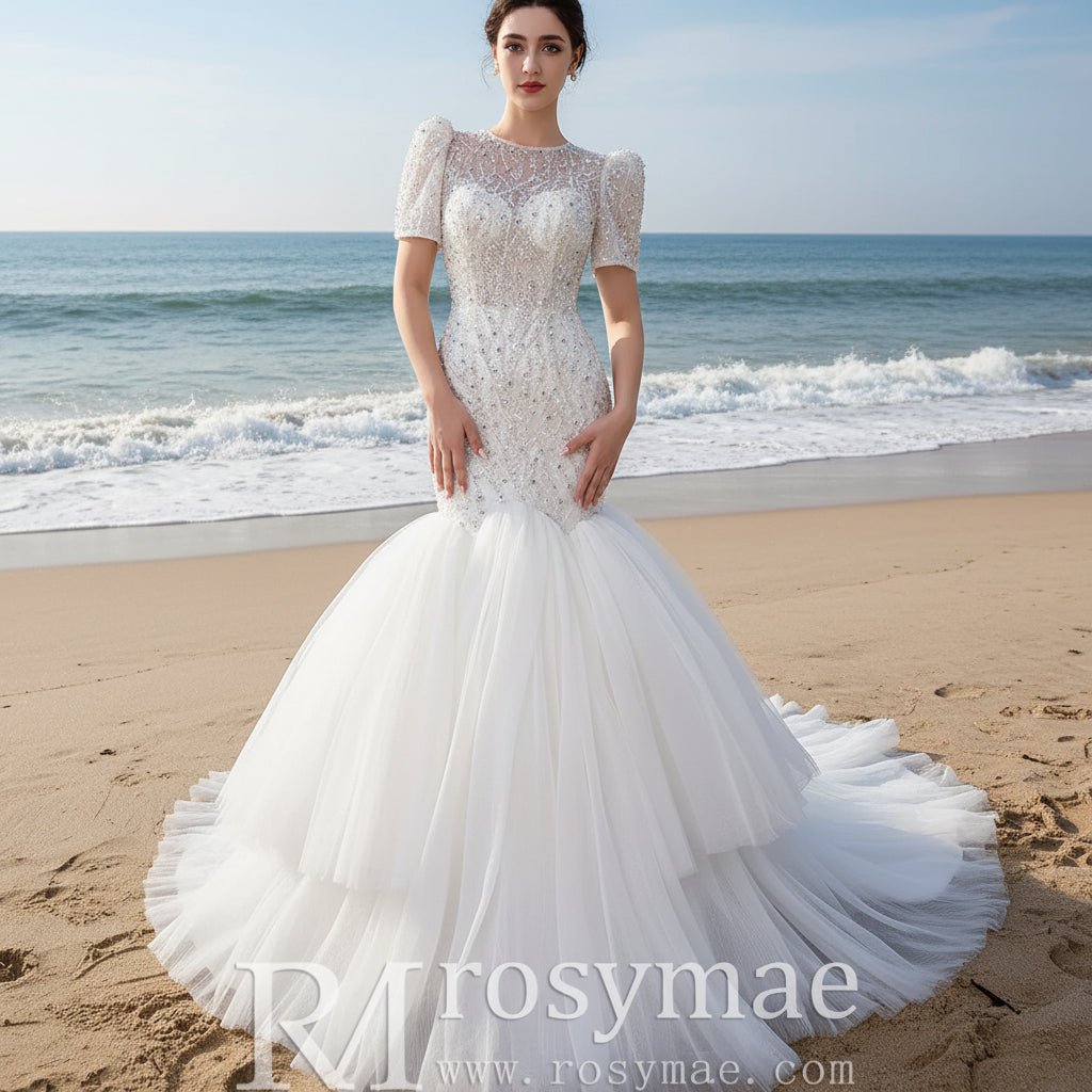 Beaded Mermaid Wedding Dress Puffed Short Sleeve Bridal Dress - Rosymae