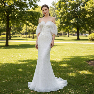 Beaded Modern Off the Shoulder Wedding Dress with Detachable Skirt - Rosymae
